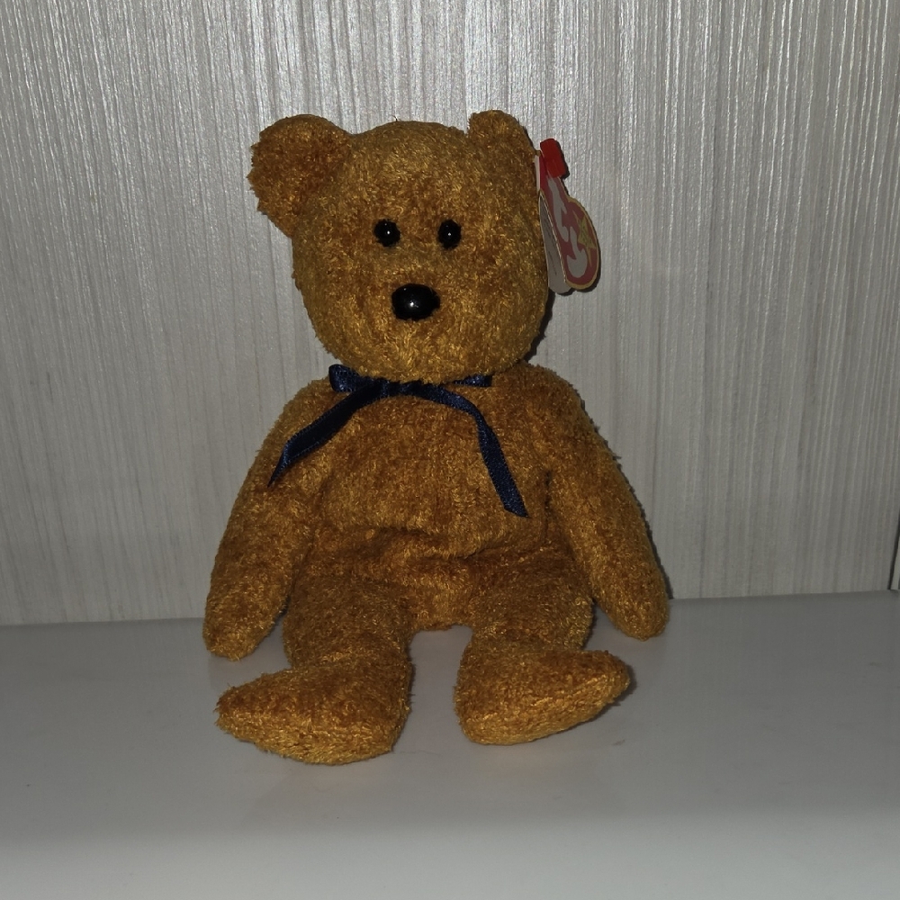 Ty Brown Fuzz The 1999. Teddy Bear with Navy Ribbon